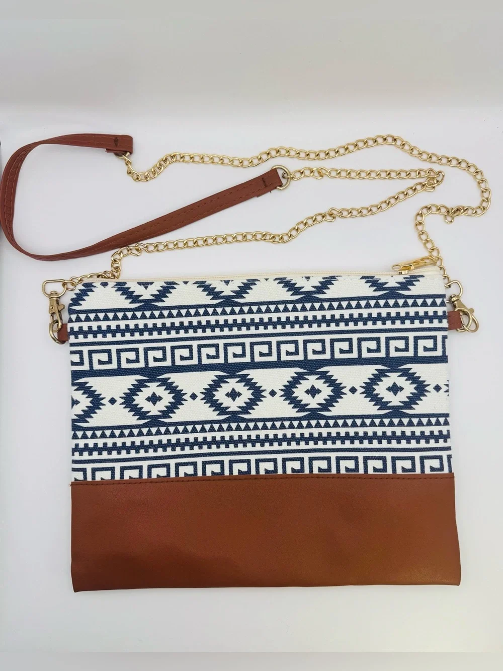 Aztec Crossbody & Wristlet Bag  Navy and White with Faux Leather Accents